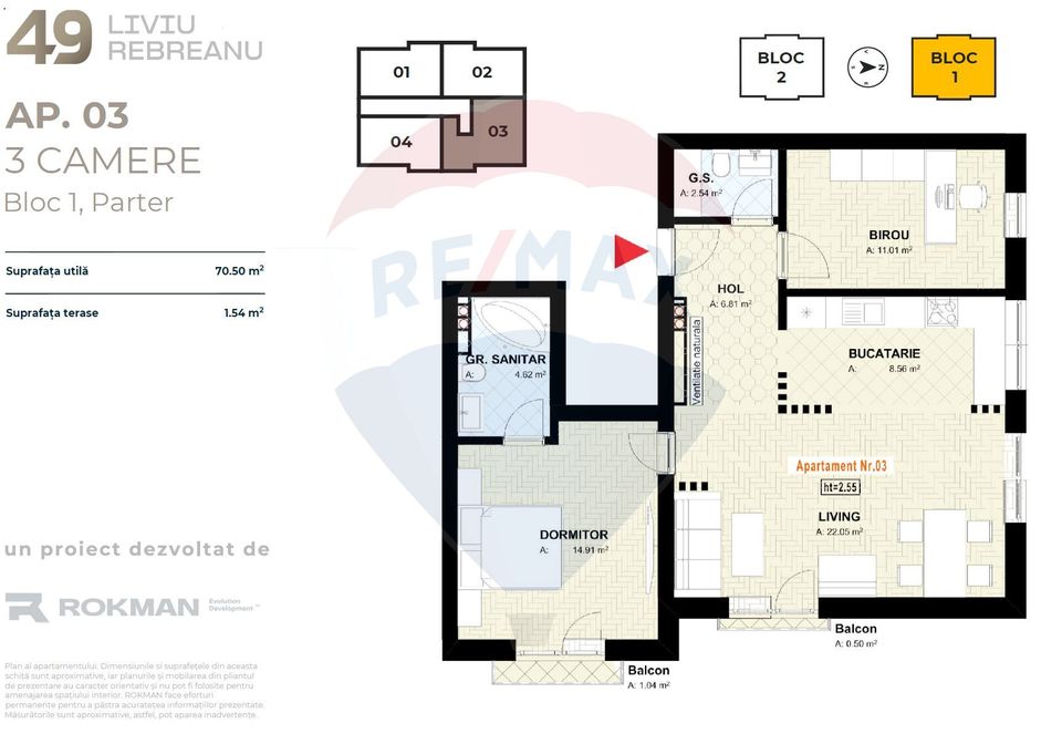 3 room Apartment for sale, Tractorul area