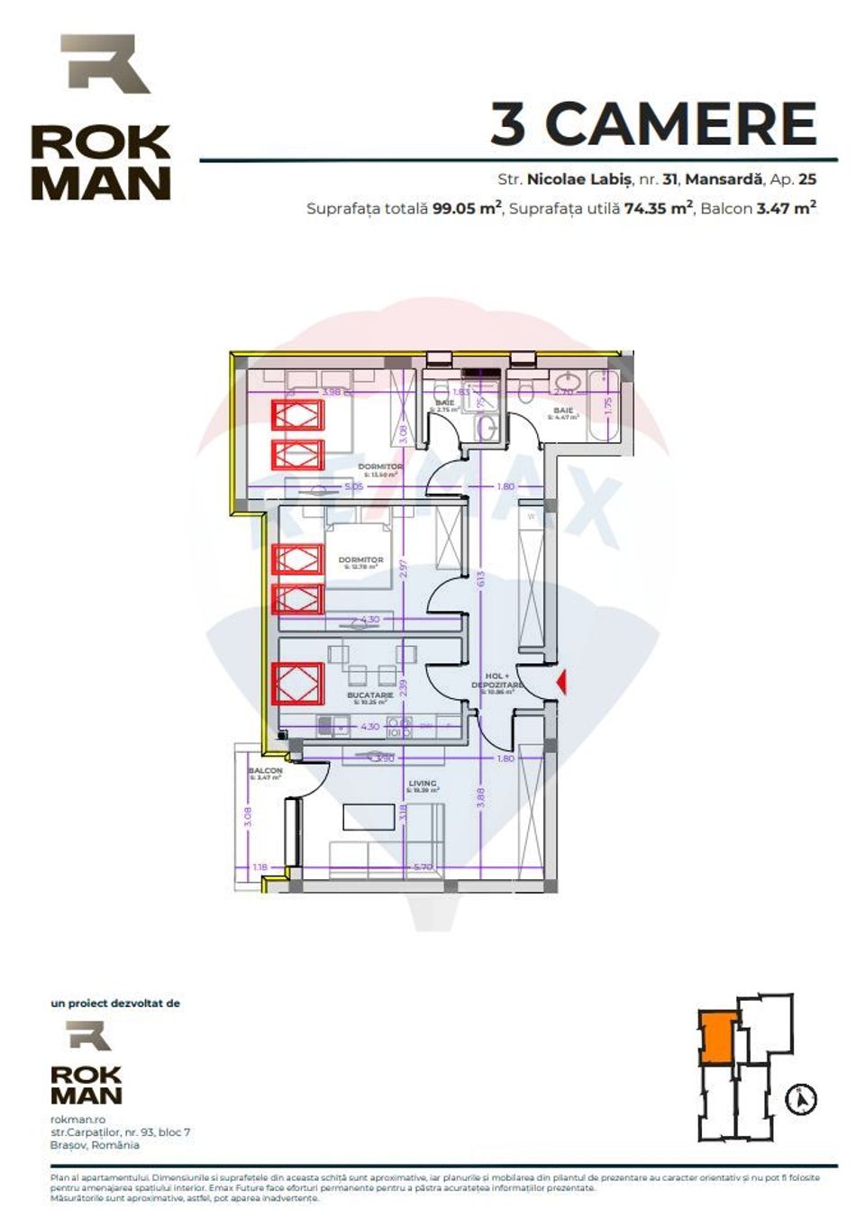 3 room Apartment for sale, Tractorul area