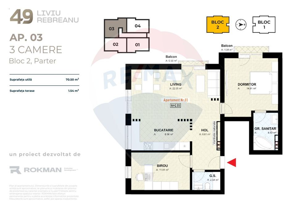 3 room Apartment for sale, Tractorul area