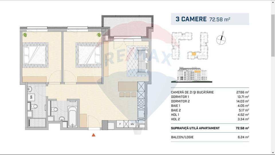 Apartament 3 camere, 68mp si balcon de 24mp, finisat, Parcul Feroviari