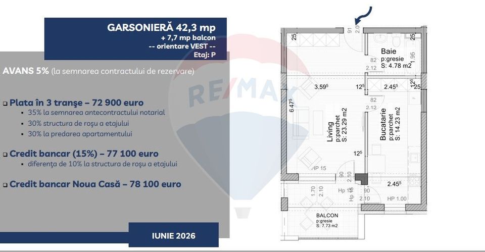 Garsonieră de vânzare - 42,3 mp + 7,7 mp balcon, Vivamus Brașov