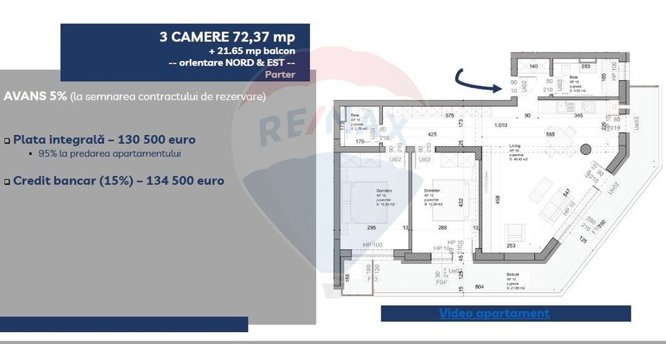 Apartament de vânzare – 3 camere, 72,37 mp + balcon generos