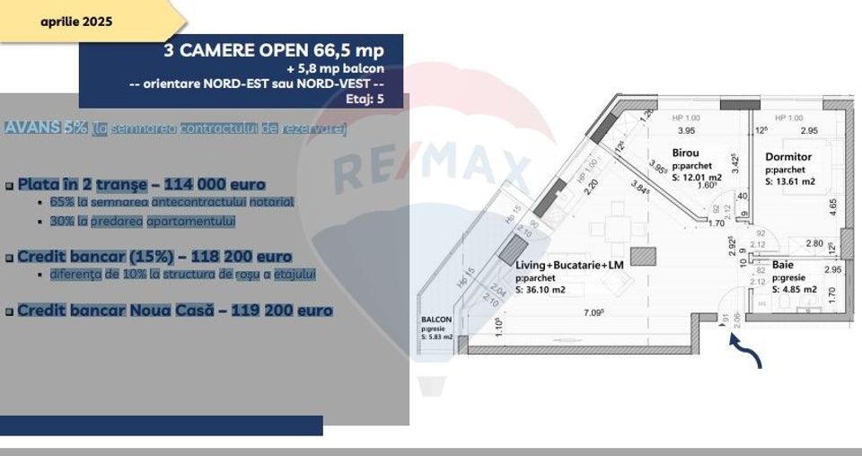 Apartament 3 camere open-space de vânzare - 66,5 mp + 5,8 mp balcon,