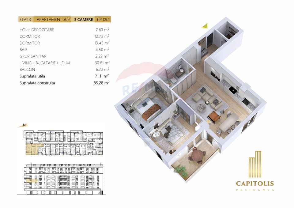 3 room Apartment for sale, Tractorul area