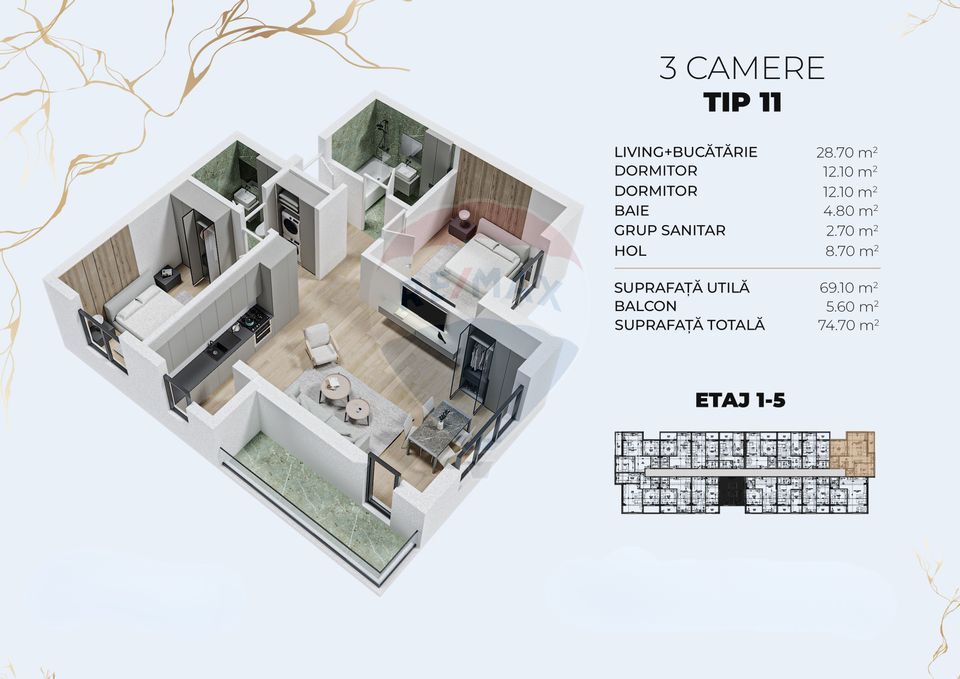 3 room Apartment for sale, Central area