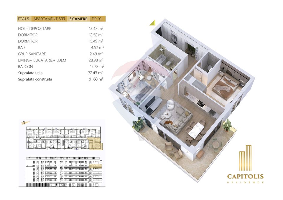 3 room Apartment for sale, Tractorul area