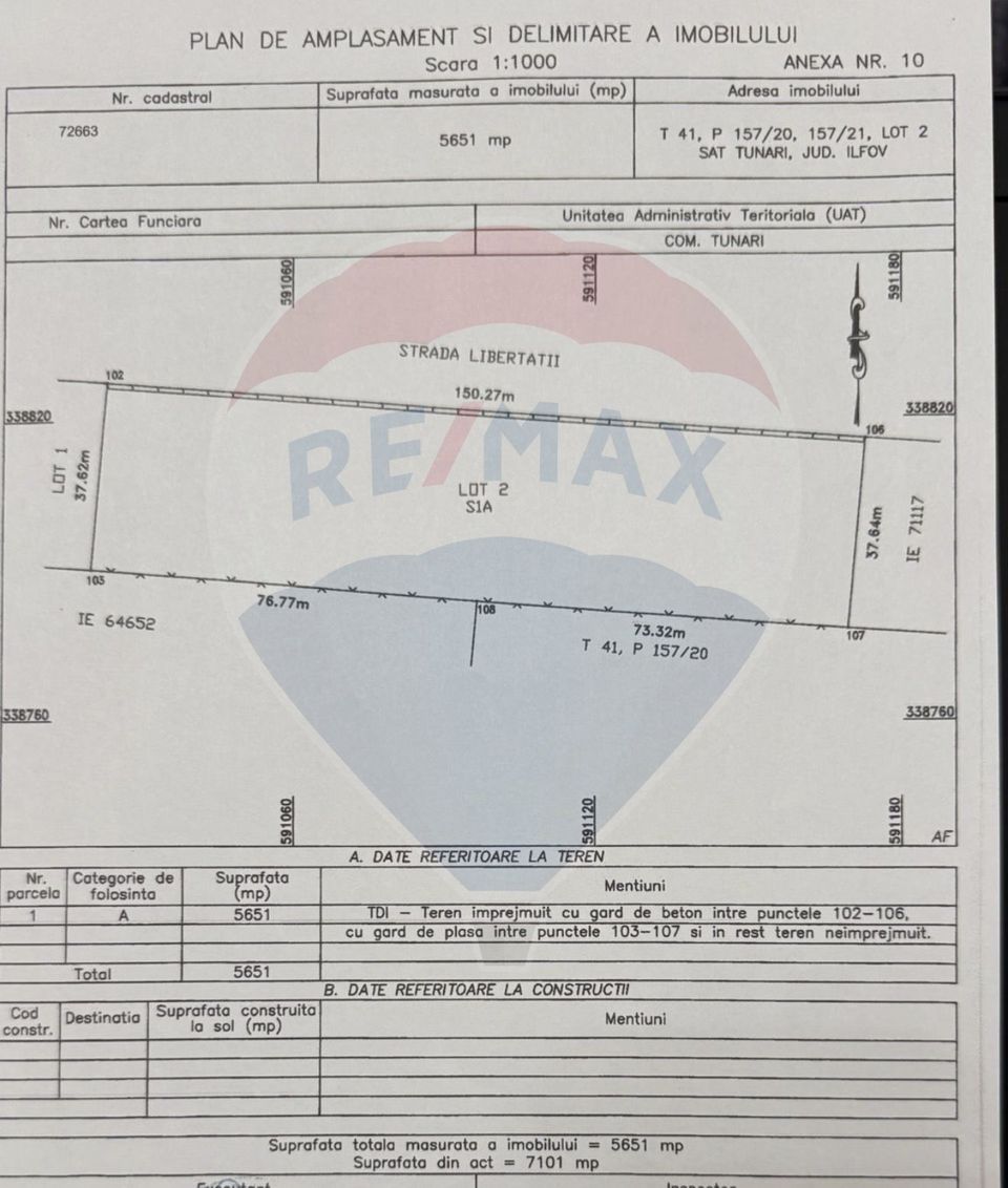 TEREN 5.651 MP – STR. LIBERTATII, TUNARI – ZONA LOCUINTE