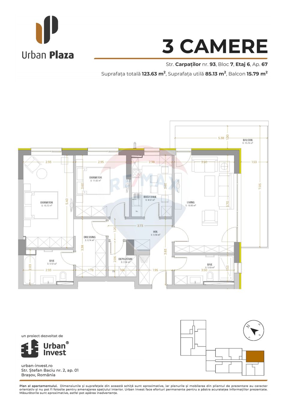 Apartament cu 3 camere | 94 mp utili | Urban Plaza - str. Carpaților