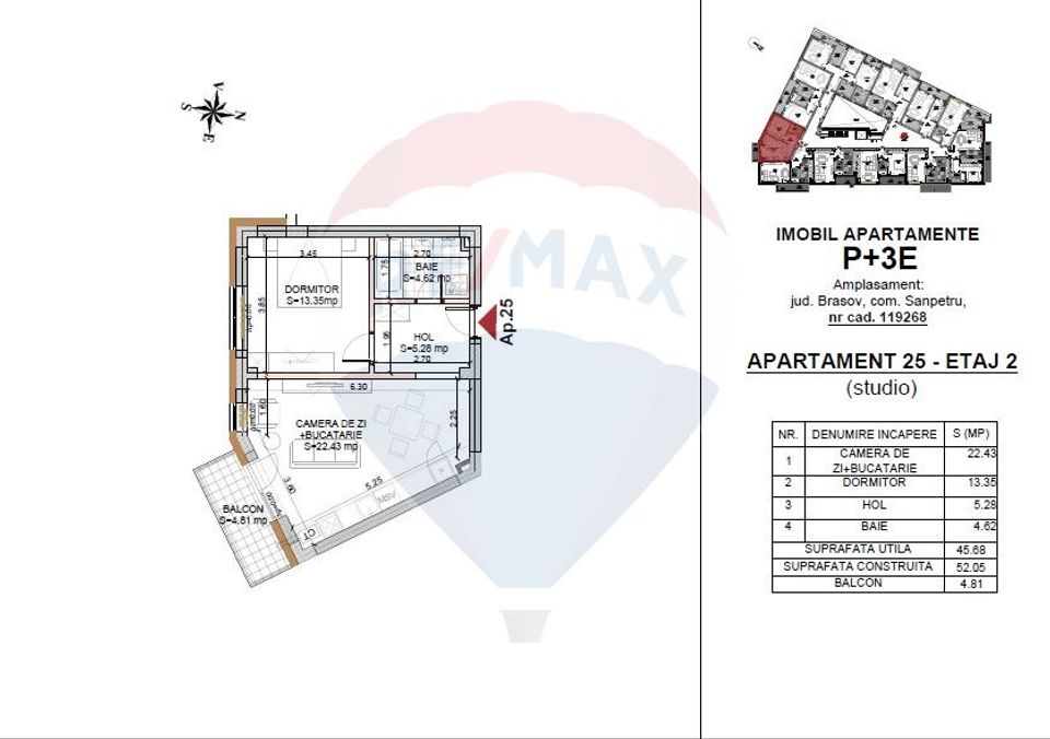 Apartament Studio - 45.68 mp + balcon 4.81 mp