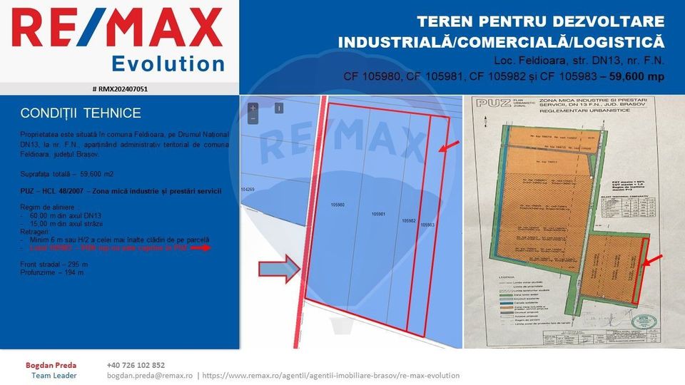 DE VÂNZARE| Teren industrial 59,600mp Feldioara / DN 13 0% COMISION!