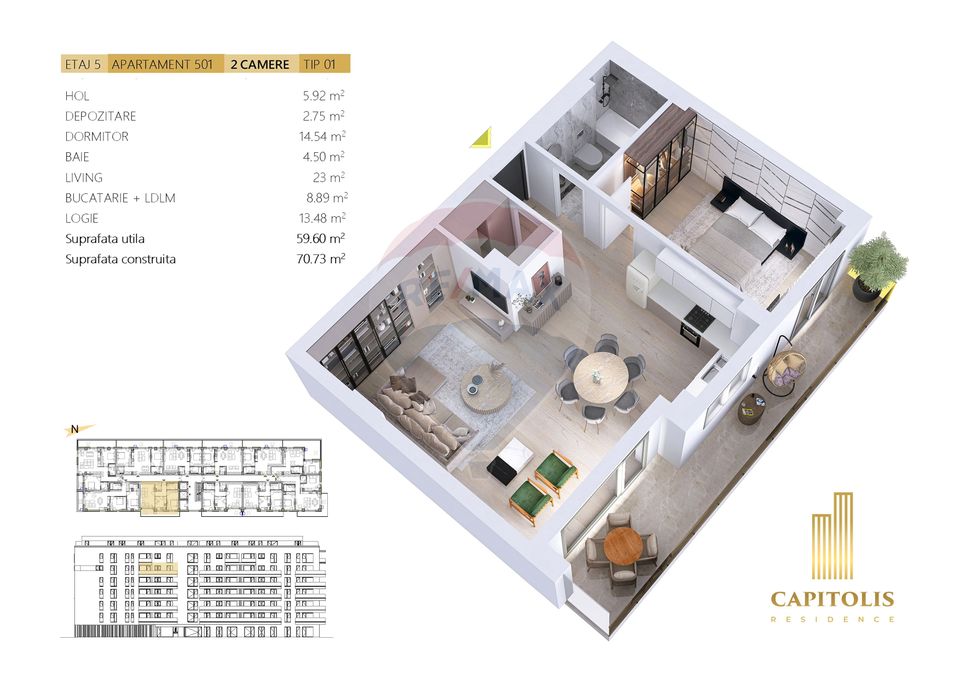 Apartament 2 camere, etaj 5, orientare Est, Capitolis Residence