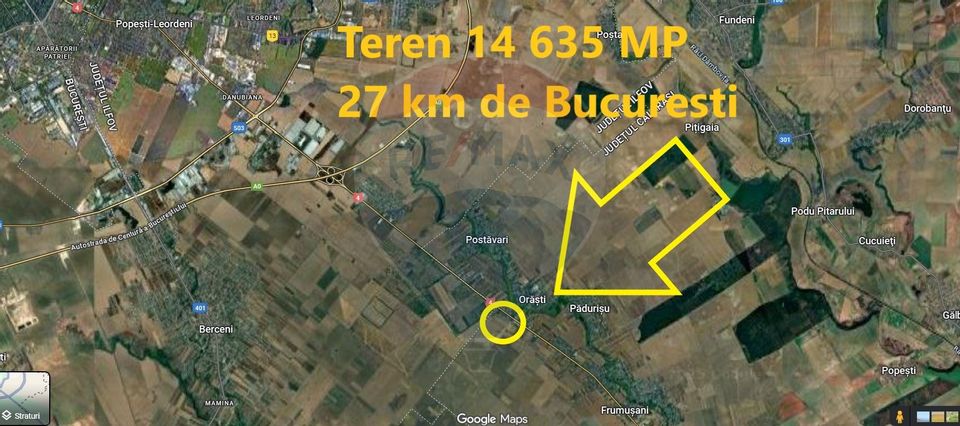 Teren constructii 14 600 mp de vanzare Frumusani 90 m deschidere