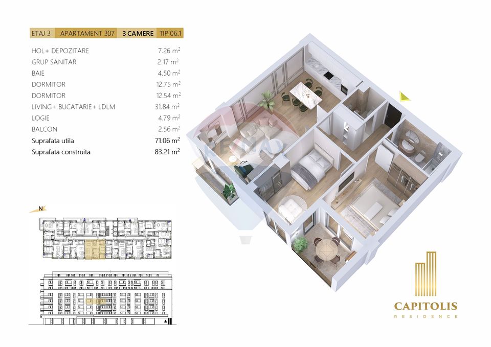 3 room Apartment for sale, Tractorul area