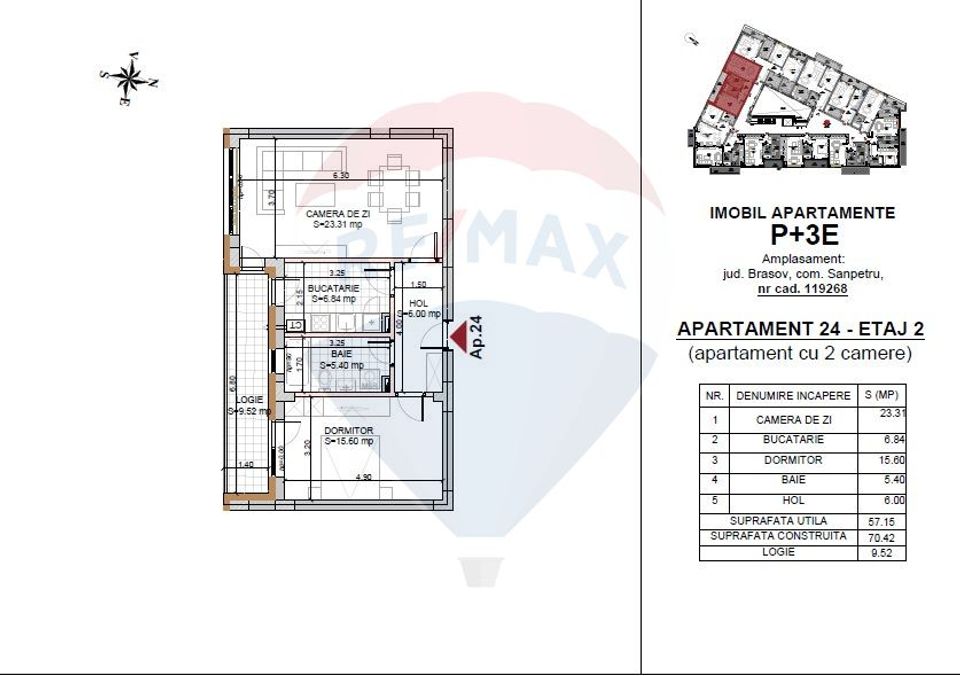 Apartament 2 camere de vanzare 70.42 mp + balcon 9.52mp