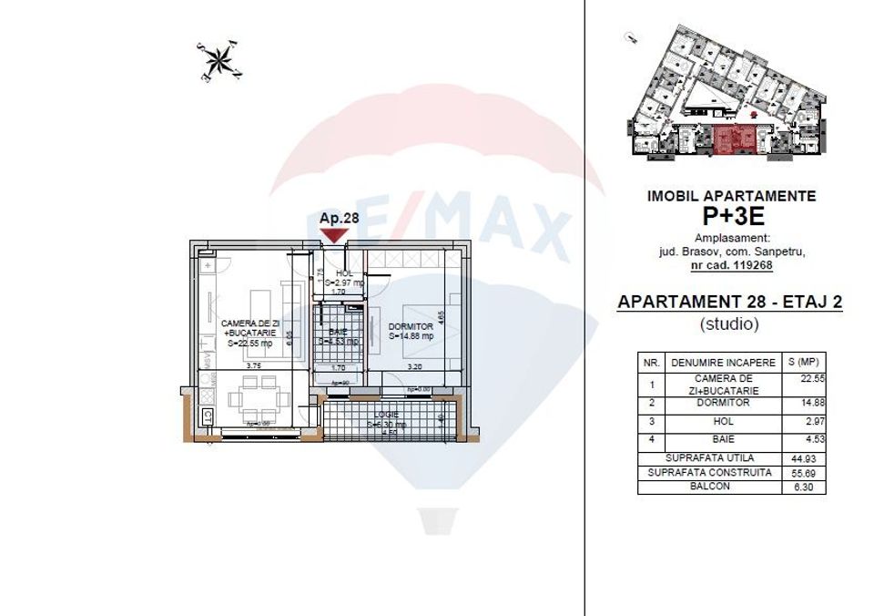 Studio de vanzare - 44.93 mp + balcon 6.3mp