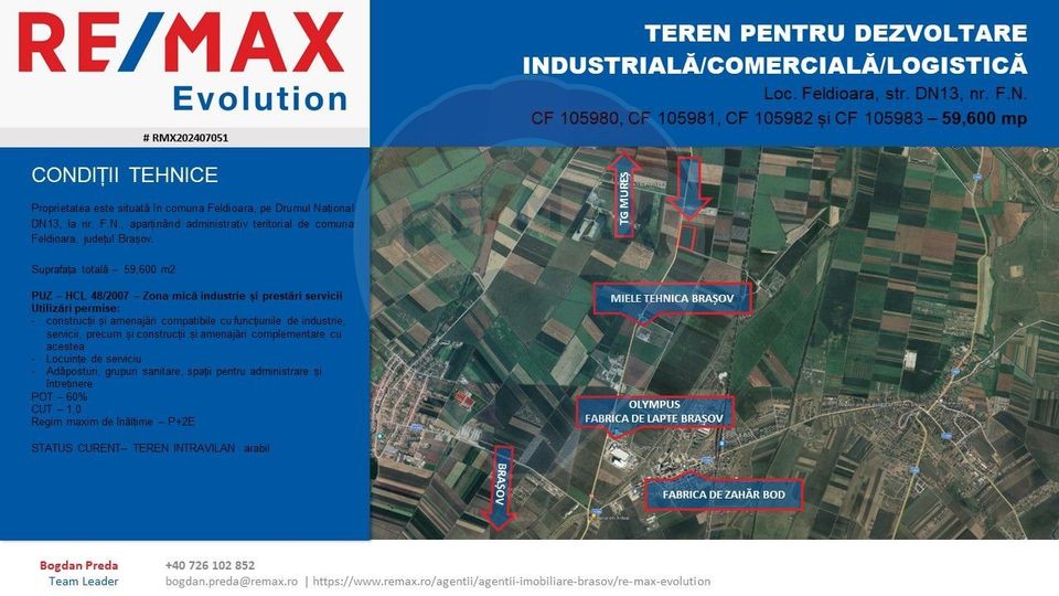 DE VÂNZARE| Teren industrial 59,600mp Feldioara / DN 13 0% COMISION!
