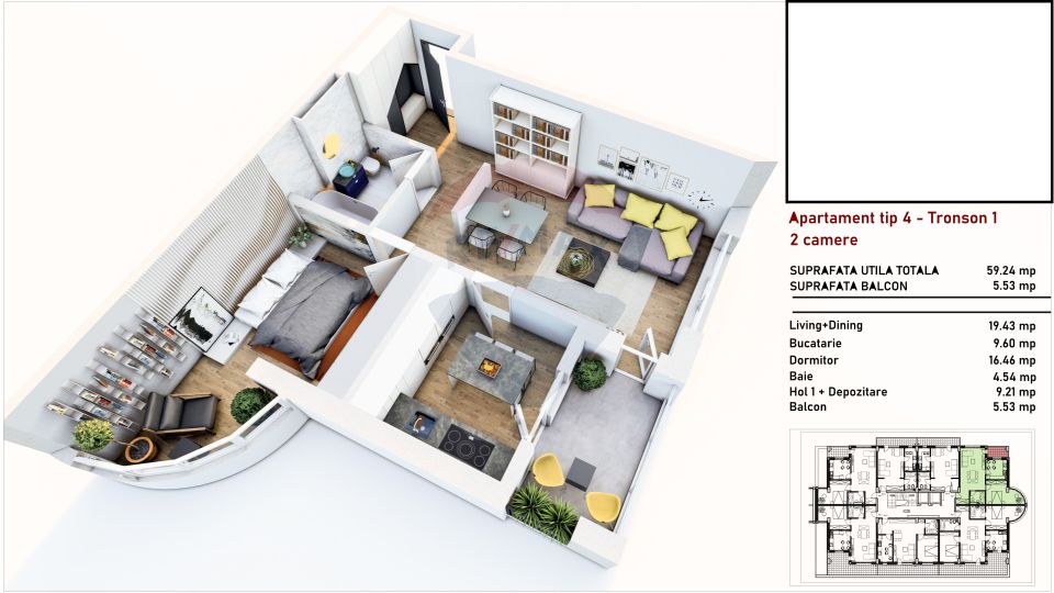 Apartament de vanzare cu 2 camere in zona Mall Coresi