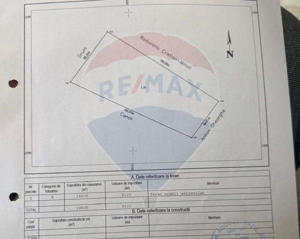 Teren constructii 14 600 mp de vanzare Frumusani 90 m deschidere