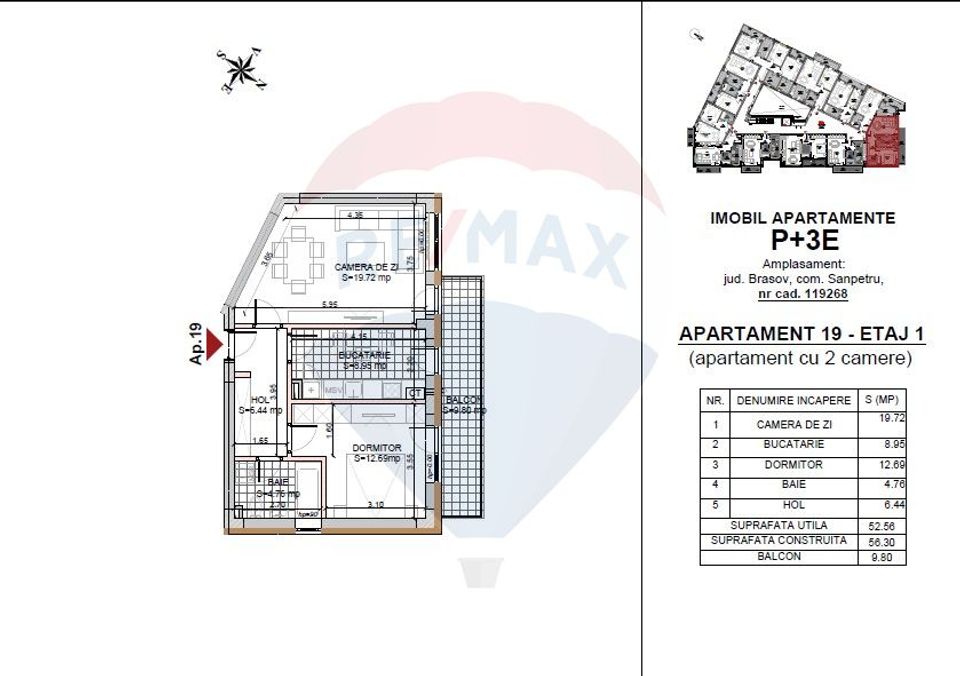 Apartament cu 2 Camere 52.56 mp + balcon 9.8 mp