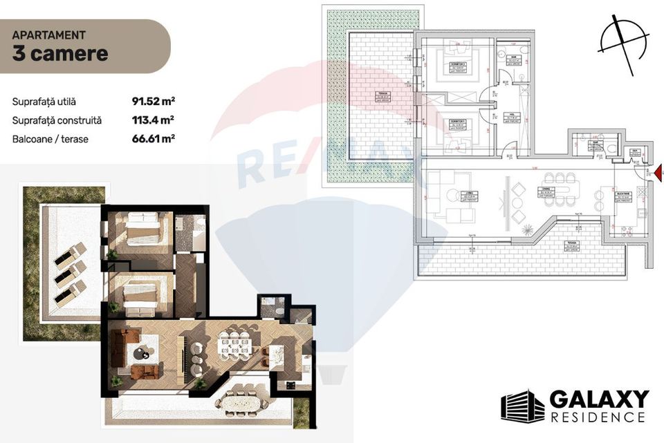 3 room Apartment for sale, Tractorul area