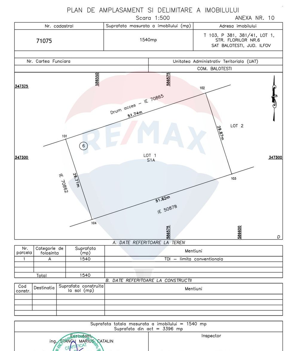 Land 1,540sqm Balotesti / Strada Florilor