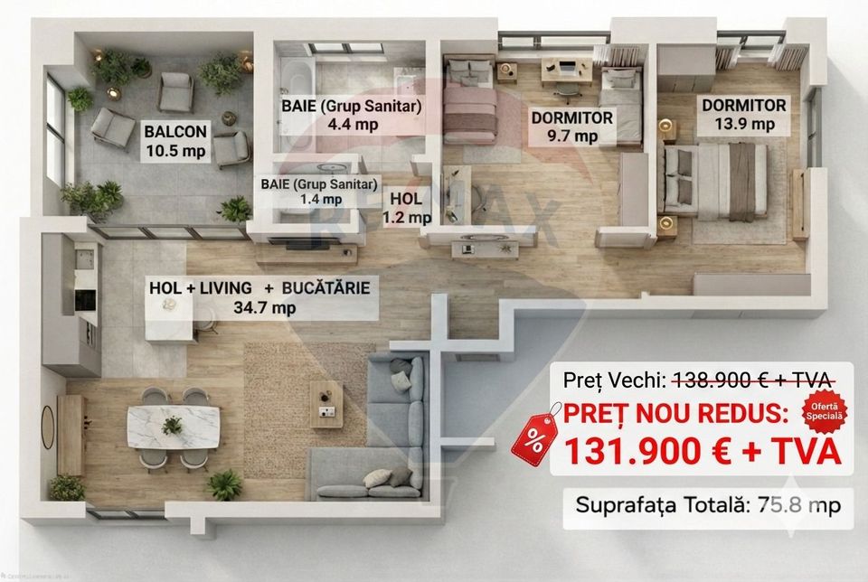 De vanzare apartament 3 camere, in bloc nou,  zona Mioritei - Bacau