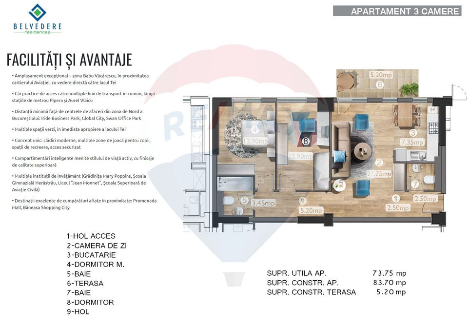 3 room Apartment for rent, Aviatiei area