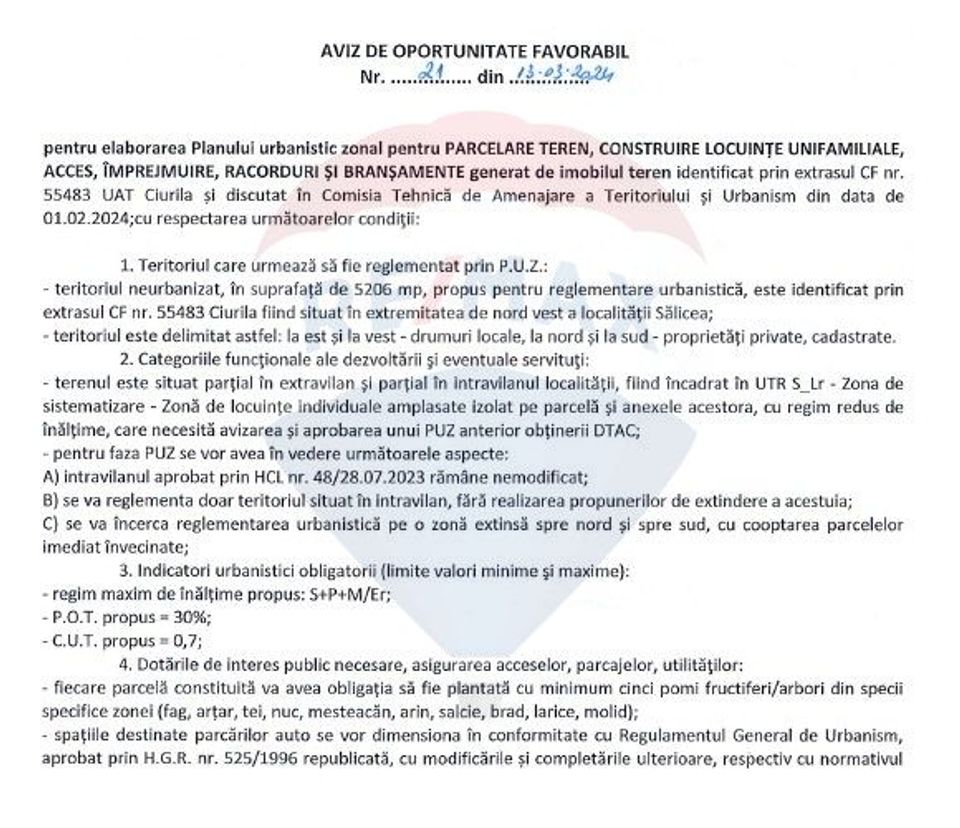 Teren intravilan de vânzare 2.307 mp – Sălicea, comuna Ciurila