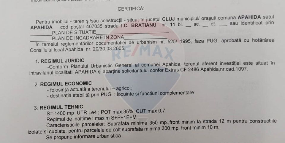 Land 1,400sqm Apahida / Strada Ion Constantin Bratianu