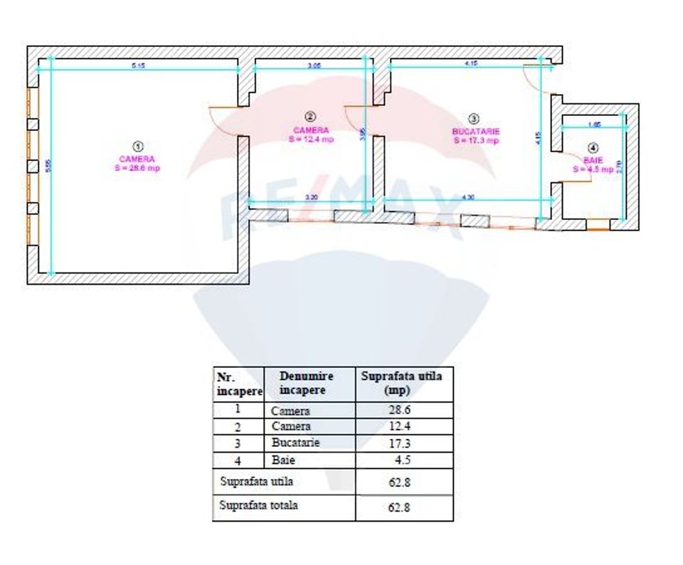 Apartament 2 camere – Centrul Istoric, str.Tribunei – Etaj 2 – 62.8 mp