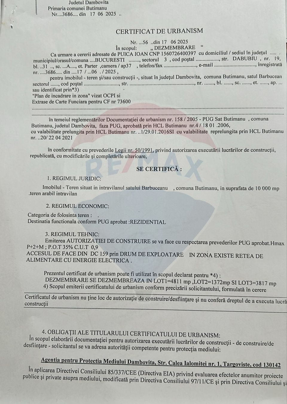 Vanzare teren intravilan Butimanu / sat Barbuceanu, judetul Dambovita