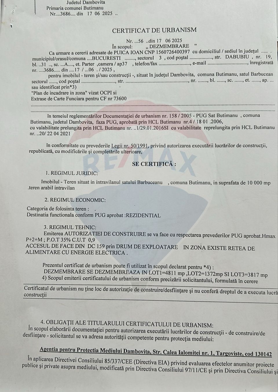 Sale of land in Butimanu / Barbuceanu village, Dambovita county