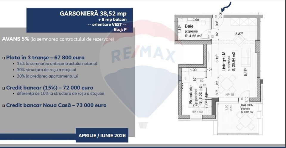 Garsonieră de vânzare - 38,52 mp + 8 mp balcon, Vivamus Brașov