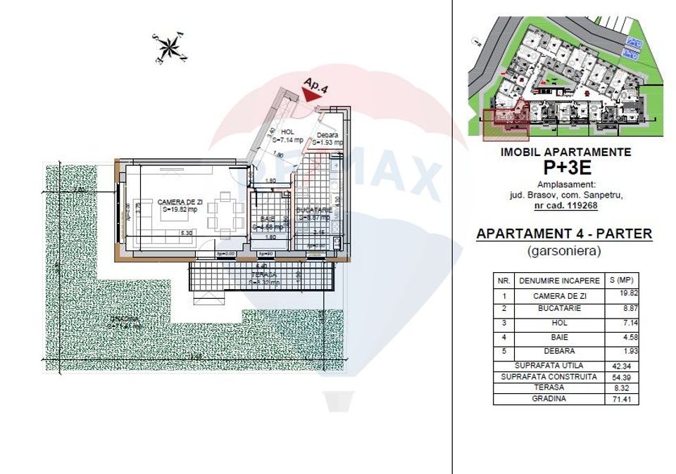 Garsonieră  42,34 mp cu Grădină 71.41mp și Terasă 8.32mp