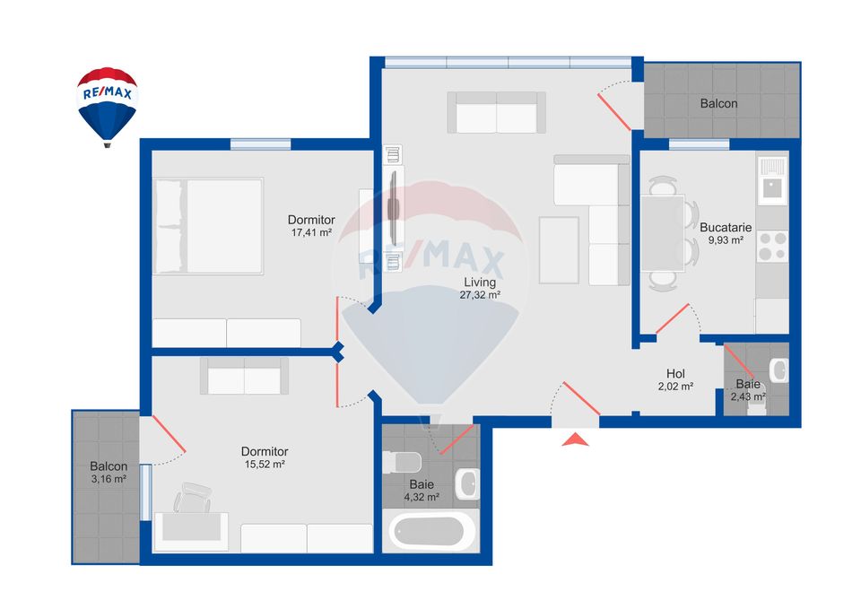 Apartament nou, 3 camere, 2 băi, 78,95 mp, Prima Nufărul, de vânzare