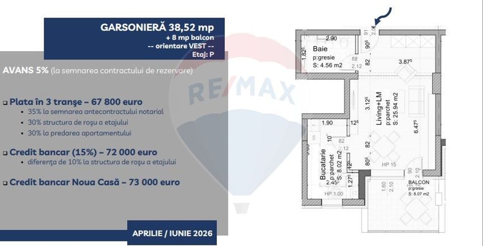 Garsonieră de vânzare - 42,3 mp + 7,7 mp balcon, Vivamus Brașov