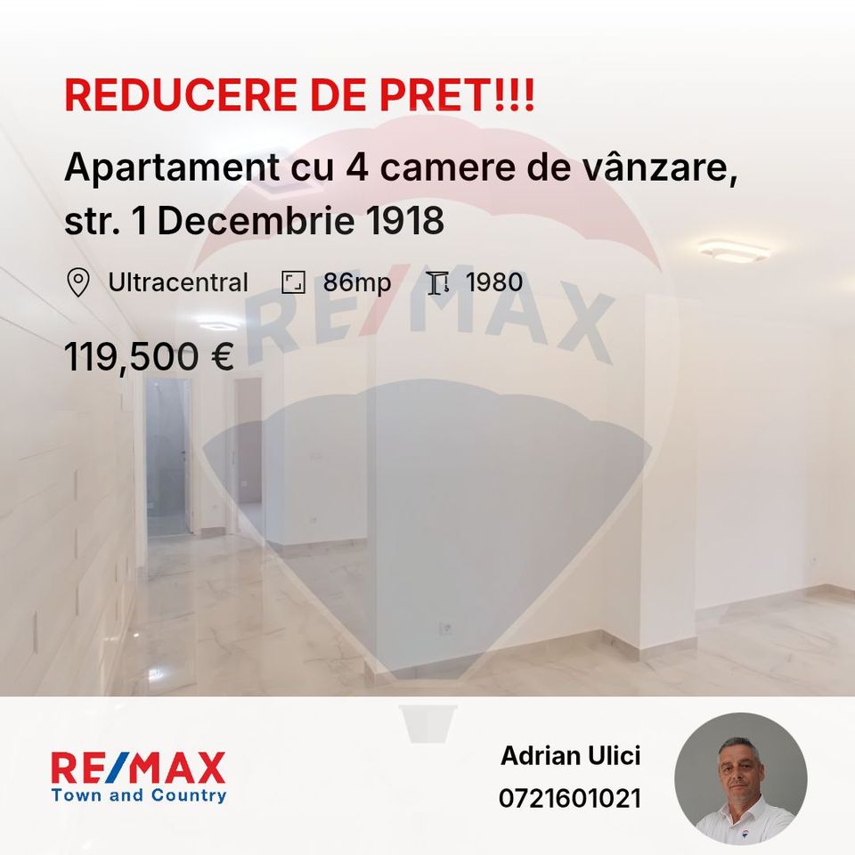 Apartament cu 4 camere de vânzare,  str. 1 Decembrie 1918