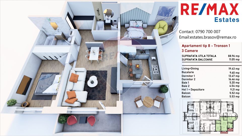 Apartament 3 camere decomandat în Tractorul – ARMONIA RESIDENCE