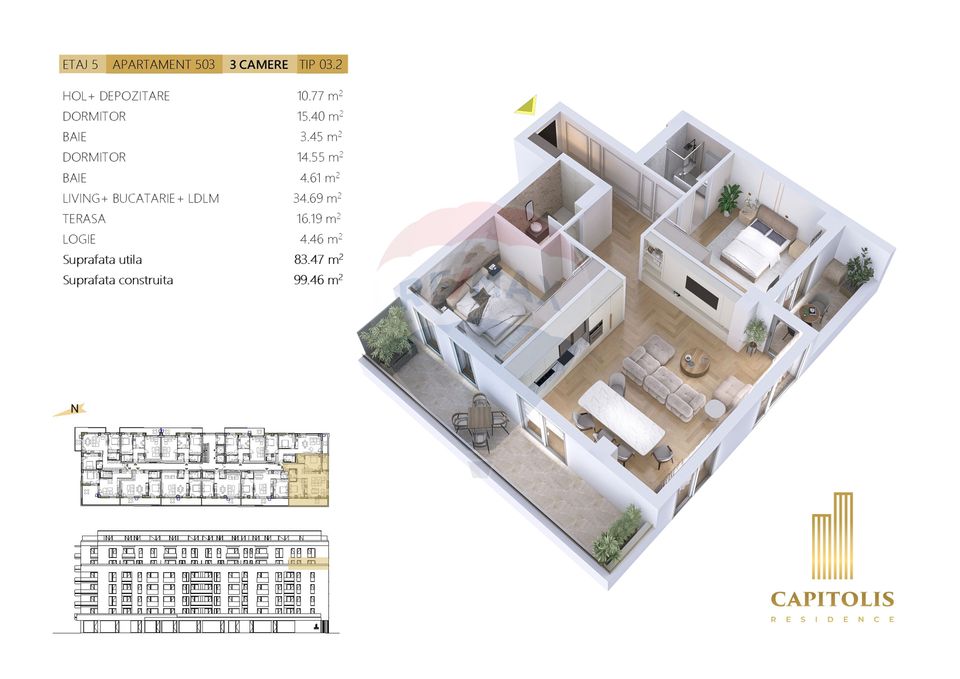 Apartament cu 3 camere, 83 mp, etaj 5, Capitolis Residence