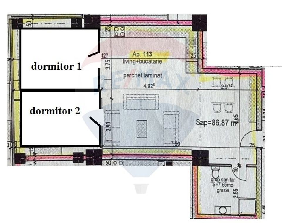 3 cam, 83 mp, zona Rivus, bloc nou, et 1, comision 0