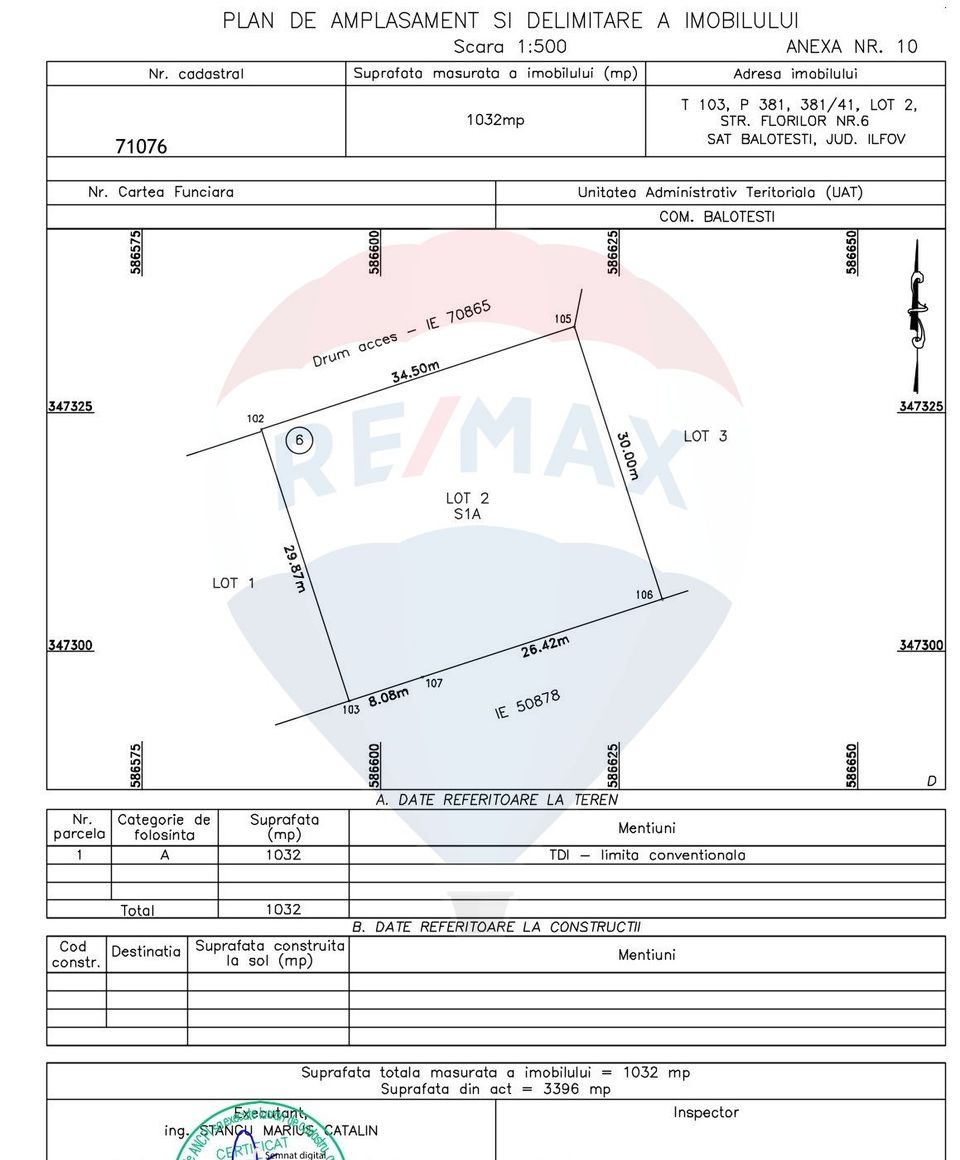 Land 1,540sqm Balotesti / Strada Florilor