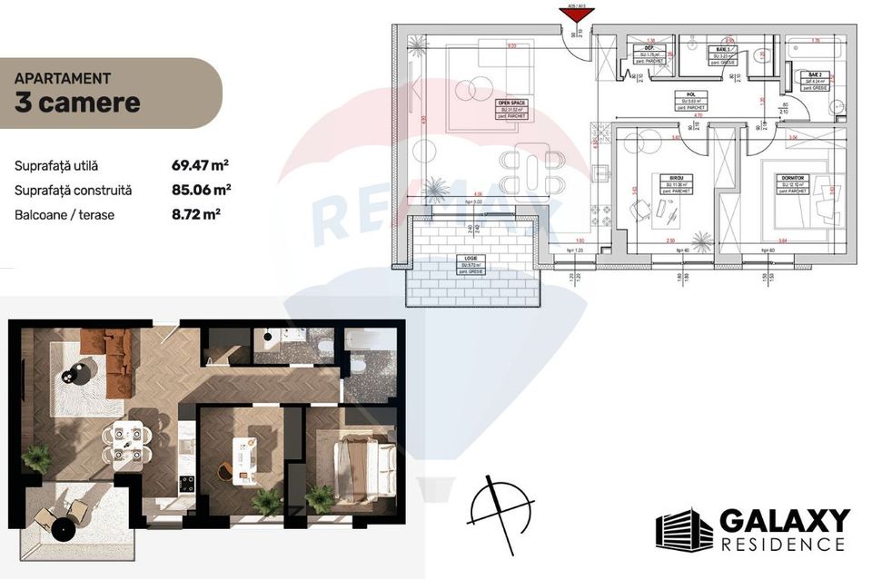 3 room Apartment for sale, Tractorul area