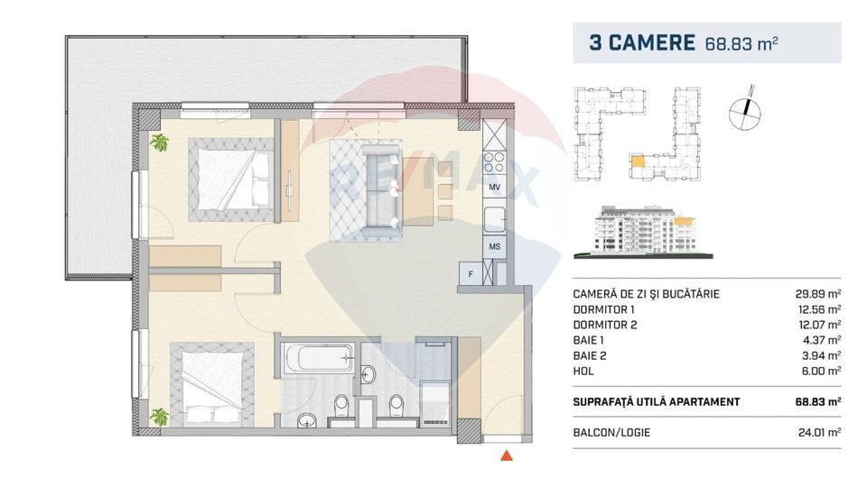 Apartament 3 camere, 68mp si balcon de 24mp, finisat, Parcul Feroviari