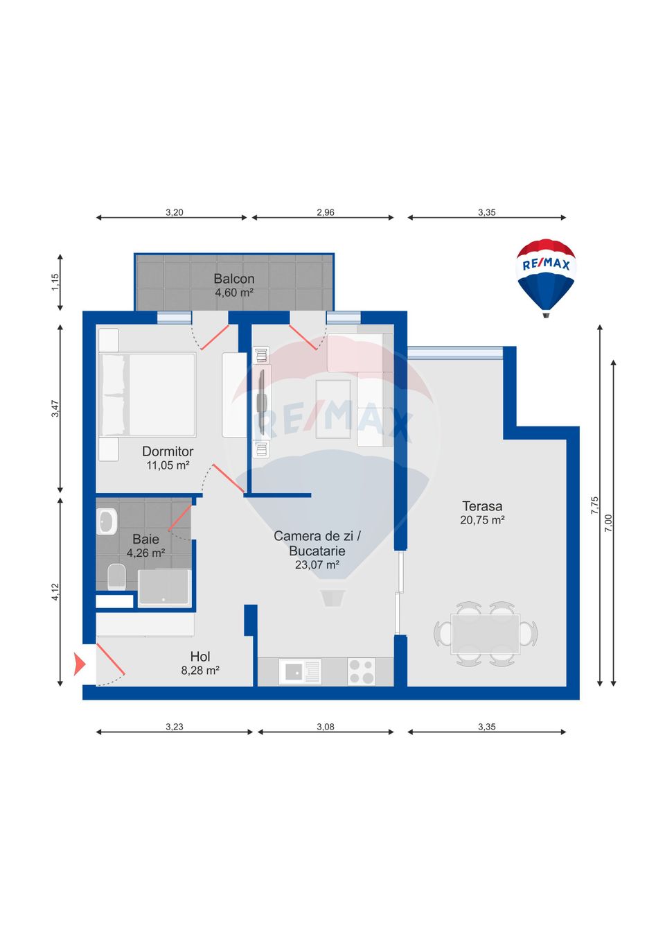 Apartament cu 2 camere, balcon, terasă de 21mp, de vânzare, Sântandrei