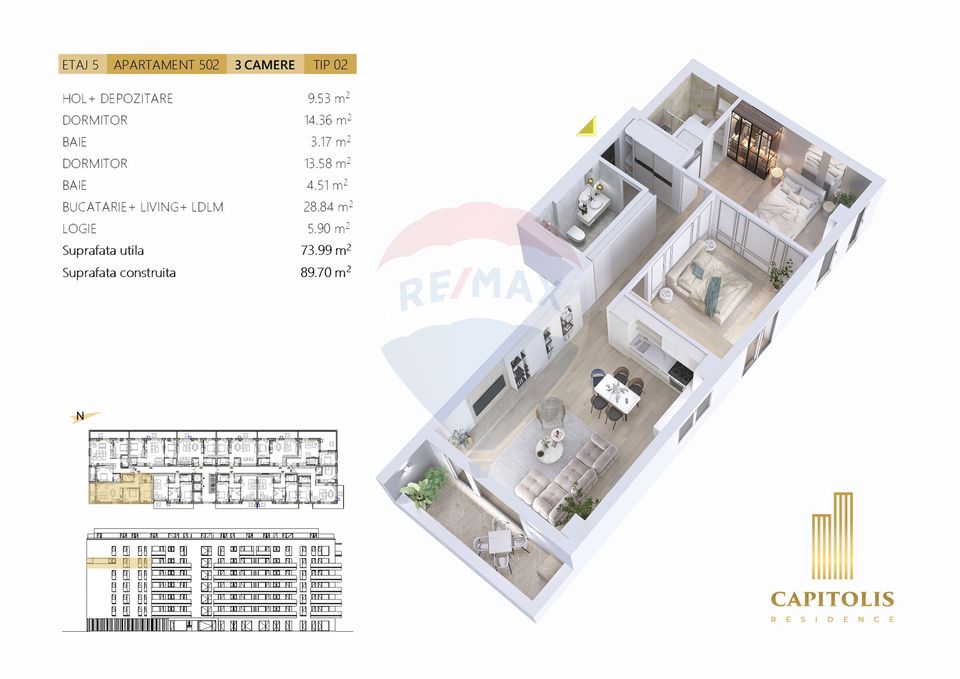 Apartament cu 3 camere, orientare Sud-Estică, Capitolis Residence