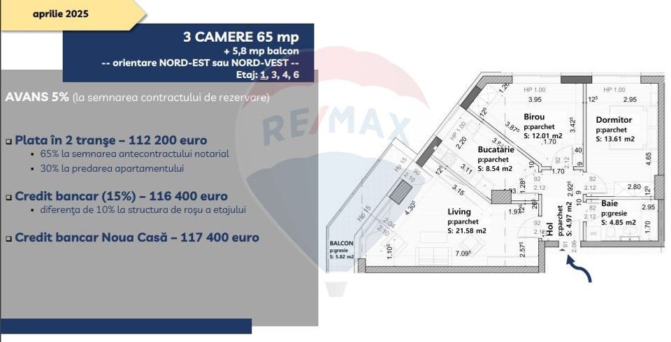 Apartament 3 camere de vânzare - 65 mp + 5,8 mp balcon, Vivamus Brașov