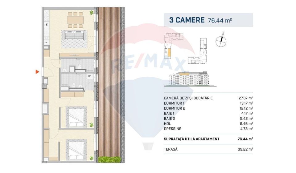 Apartament 3 camere, 68mp si balcon de 24mp, finisat, Parcul Feroviari