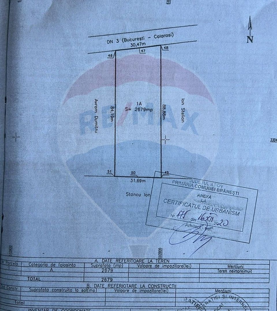 Teren intravilan 2.679 mp – Deschidere 30,47 la DN3 - Islaz, Branesti