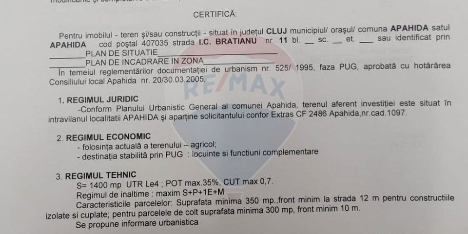 Vând teren intravilan - Apahida, Str. I.C. Brătianu, 1400 mp, front 13